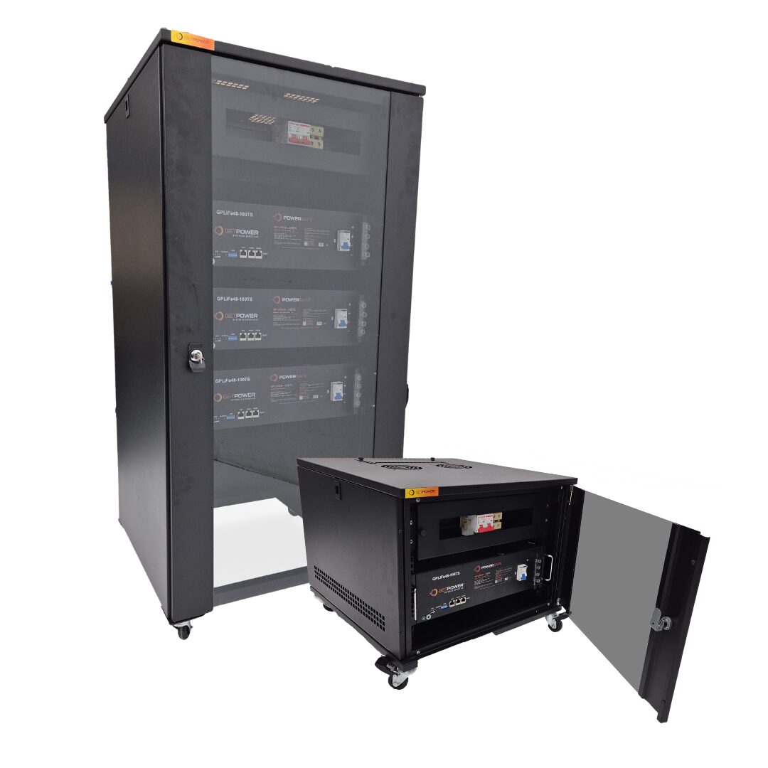 Getpower GP Rack e Gabinete em imagem oficial com exemplos de conjuntos de baterias
