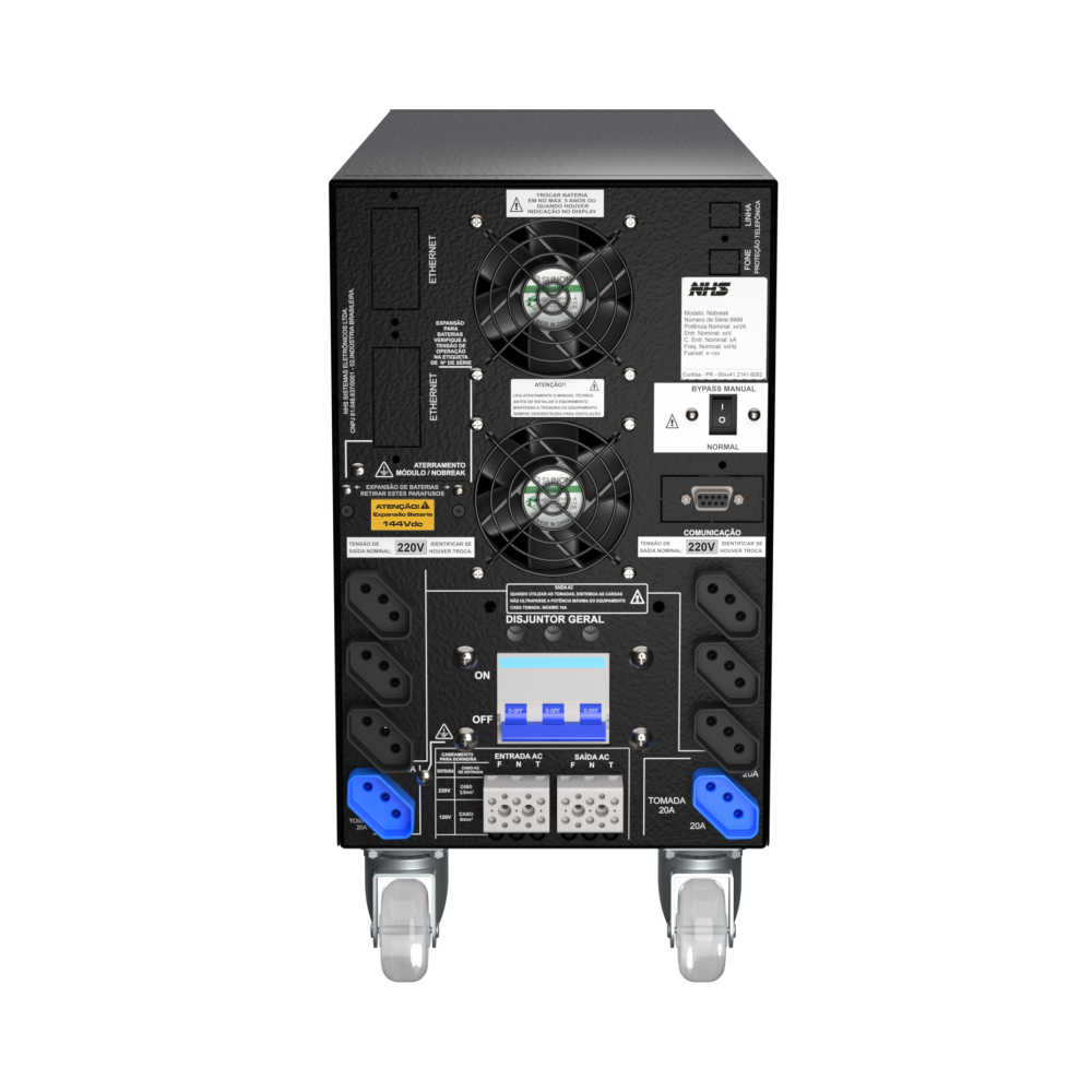 NHS Prime OL GIII 5000 VA — traseira com tomadas, bornes e conexão de expansão de baterias